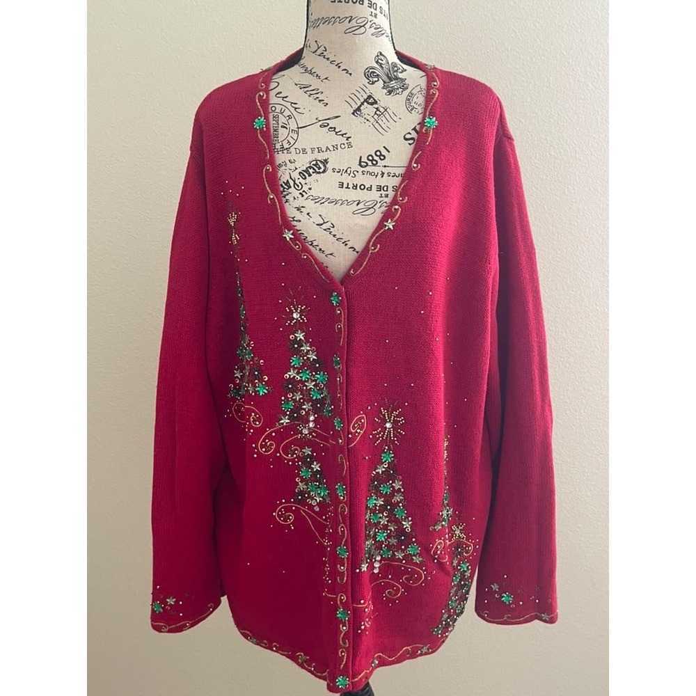 Kim Rogers Red Beaded Christmas Tree Cardigan Sweater Plus Size 1X Hook Eye